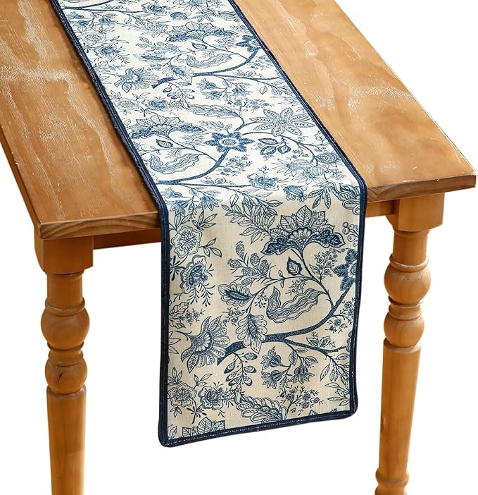 Designer Chinoiserie Elegant Linen Table Runner 87 Inches Long,Blue Floral Pattern Decor Table Runners for Thanksgiving,Dining Room,Banquet,Kitchen Tables,Christmas,12"*87"-Ruyi B