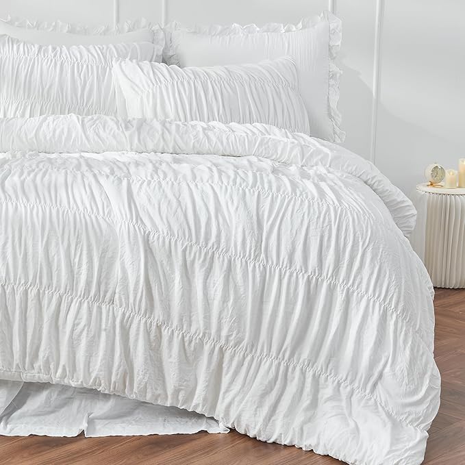 King Size Comforter Set - Ruched White Comforter King Bed Set Boho Shabby Chic Bedding - Fluffy 3 Piece Ruffle Comforter Set with Pillow - Soft and Luxury