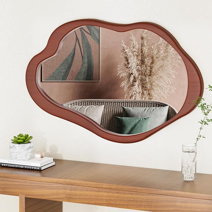 Wavy Cloud Mirror - Irregular Wall Mirror With Wood Frame, Modern Decorative With Hanging Hooks, Asymmetrical for Bedroom Living Room Entryway (Walnut, 41'' 28'')