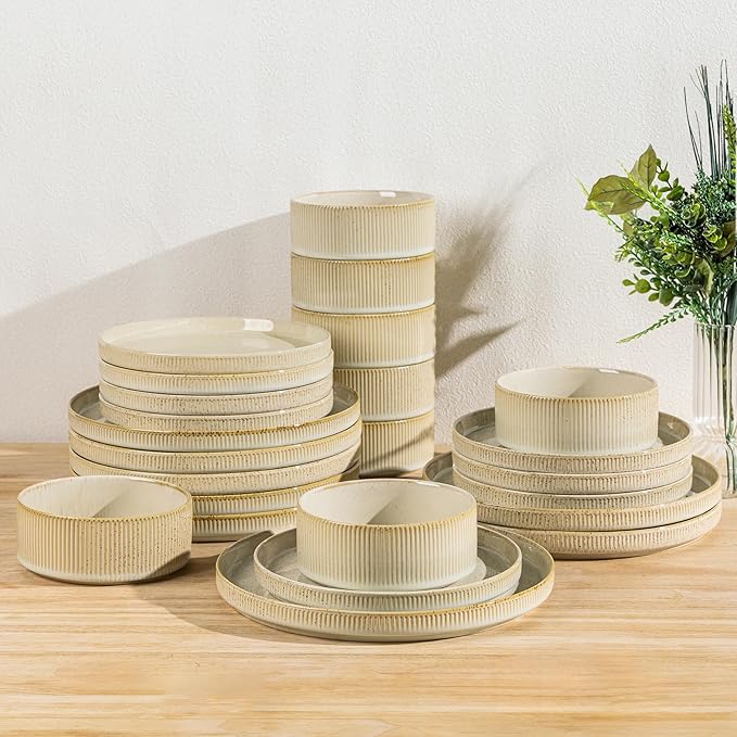 TheTerra Ceramic Dinnerware Sets for 8, 24 Pieces Porcelain Lightweight Plates and Bowls Sets, Scratch Resistant Dish Set, Oven & Microwave & Dishwasher Safe, Cappuccino