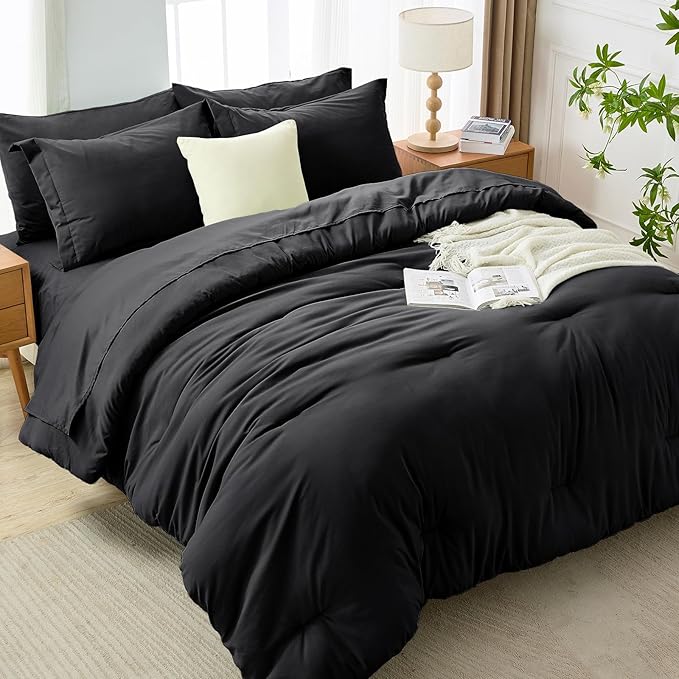 MUXHOMO 7 Pieces Full Comforter Set, Soft Bed in a Bag Full Size, All Season Bedding Set with Comforter, Flat Sheet, Fitted Sheet, Pillowcases & Shams, Black