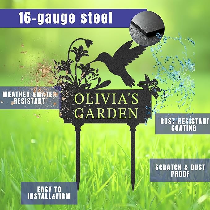 Personalized Metal Garden Sign, Custom Name Stake Decor, Hummingbird Yard Art, Outdoor Gardening Home Decor, Garden Stake Gifts for Plant Lovers