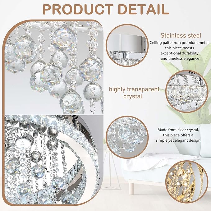 Dia 40" Modern Crystal Chandelier,Large Chandelier for Living Room Silver Flush Mount Chandeliers Crystal Ceiling Light for Dining Living Room Bedroom