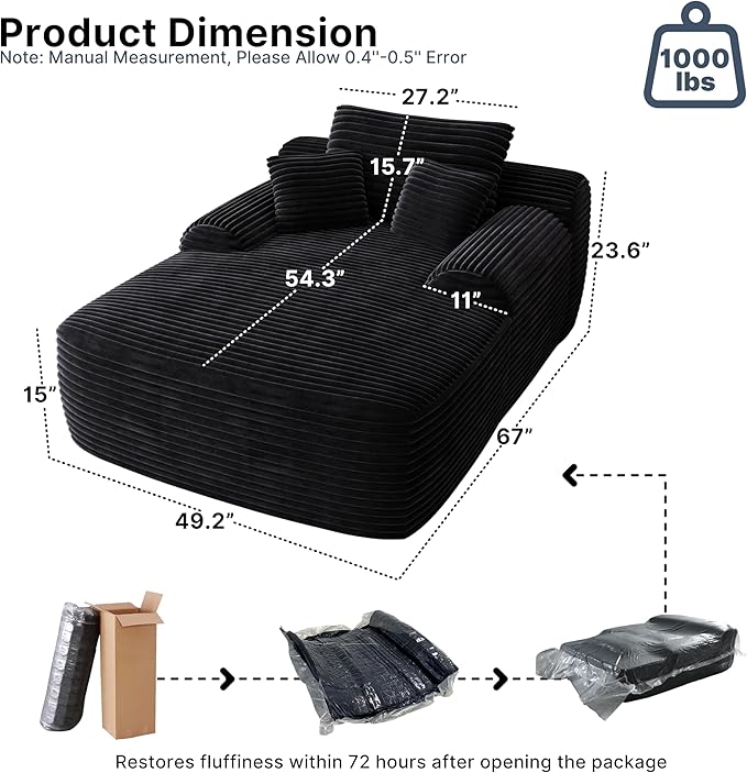 67" Oversized Chaise Lounge Chair with Cover, Comfy Sleeper Sofa Bed, Black Plush Corduory Couch for Living Room,Sofa in A Box,No Assembly Required (Pet Light Green Cover).
