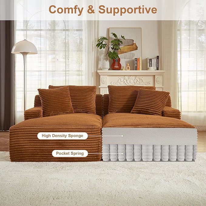 GNIXUU 78.8" Oversized Double Chaise Lounges Indoor, 2 Pieces Comfy Corduroy Chaise Lounge Chair Cloud Boneless Couch, Fluffy Upholstered Sleeper Loveseat Bed for Living Room Bedroom Reading(Orange)