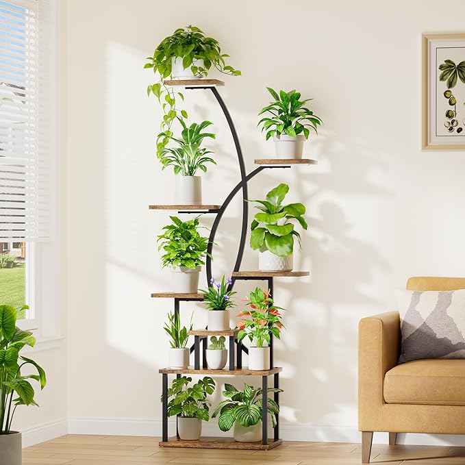 JUSTOGO Plant Stand Indoor with Grow Light, 8 Tiered Tall Plant Shelf for Indoor Plants Multiple, 65" Large Corner Plant Stands, Metal Curved Flower Holder Display Rack for Living Room, Patio, Balcony