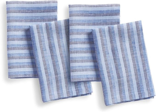 Solino Home Linen Napkins Set of 4-100% Pure Linen Amalfi Stripe Bistro Blue Cloth Dinner Napkins 20 x 20 Inch - Handcrafted and Machine Washable