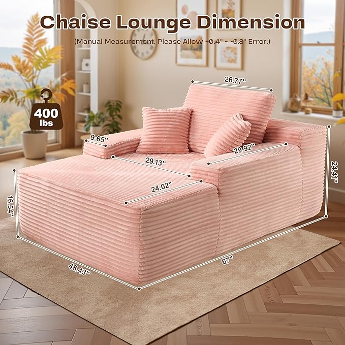 Chaise Lounge Sleeping Couch, 67" L * 48.5" W Oversized Assembly Free Modern Minimalist Sofa, Extra Deep Large Single Seat Sofa, Free Standing Floor Couch for Living Room (Pink Plush Fabric)