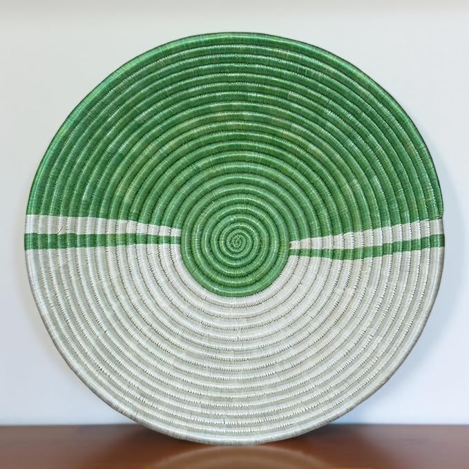 Handwoven African Basket Handmade sisal Fruit Bowl Wall Hanging decorative Baskets for Home Living Room Kitchen Centerpiece Zen Designs Arts and Crafts (Green Off White, 8in diameter)