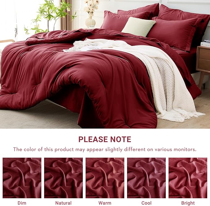 MUXHOMO 5 Pieces Twin Comforter Set, Soft Bed in a Bag Twin Size, All Season Bedding Set with Comforter, Flat Sheet, Fitted Sheet, Pillowcases & Shams, Burgundy Red