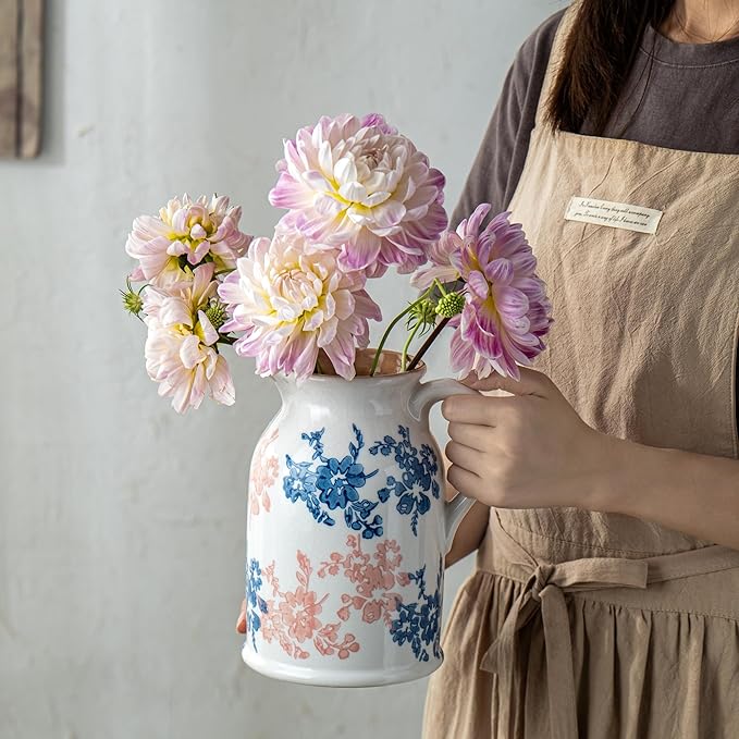 Pink Blue and White Pitcher Vase, 8 Inch Vintage Chinoiserie Ceramic Flower Vase, Rustic Retro Ice Cracked Antique Porcelain Vases for Home Farmhouse Table Centerpieces Shelf Decor ﻿