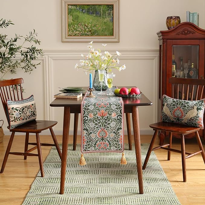 Designer French Green Elegant Linen Table Runner 71 Inches Long,Colorful Flower Pattern Soft Table Runners for Dining Tables,Thanksgiving,Kitchen Tables,Christmas,12"*71"-Naples B