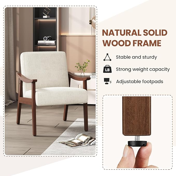 Yaheetech Corduroy Accent Chair, Mid-Century Modern Armchair with Solid Wood Legs, Reading Leisure Chair with High Back for Living Room Bedroom Waiting Room, Set of 2, Beige