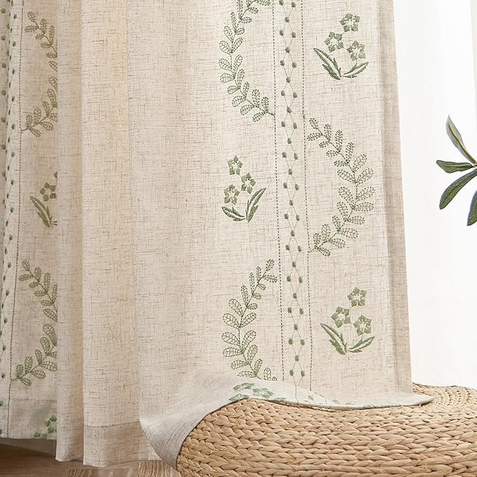 jinchan Belrose Linen Curtains for Bedroom Floral Curtains 84 Inch Length Linen Blend Sage Green Embroidered Drapes Farmhouse Flower Patterned Drapes for Living Room Window Treatments Set 2 Panels