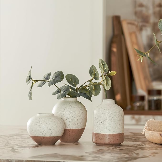 Ceramic Vase Set of 3, Vases Home Decor Rustic Farmhouse Decor, Small Pottery Vases for Bouquet Pampas Grass Dried Fresh Flowers, Living Room, Kitchen, Bedroom, Bathroom, Mantel Decor - Beige&Brown