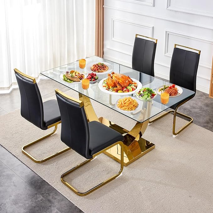 63” Glass Dining Table Set for 4,Gold Dining Room Table Set for 4,Modern Kitchen Table and PU Leather Chairs for 4, Dinner Table with Rectangle Tempered Glass Top and Golden Base