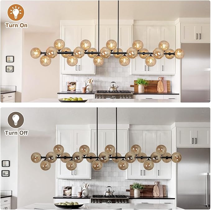 Modern Linear Chandelier 22-Lights Linear Sputnik Chandelier with Amber Striped Glass Shade 70 Inch Long Chandeliers for Dining Room, Living Room, Kitchen Island, Farmhouse
