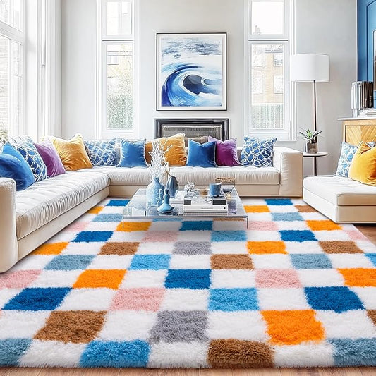 Checkered Rug for Living Room 6x9, Ultra Fluffy Fuzzy Shag Large Area Rug for Bedroom, Modern Plush Soft Upgrade Non-Slip Carpet for Kids Girls and Boys Room Dorm Home Decor, Colorful