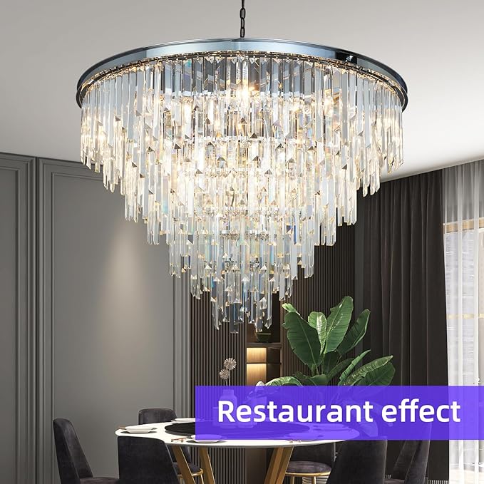 39'' Modern Crystal Chandelier, Chrome Round Ceiling Light with Clear Prisms, Luxury Flush Mount Lighting Fixture for Dining Room Bedroom Foyer