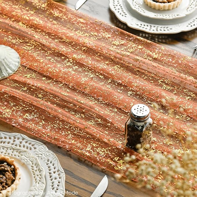 Artoid Mode 6PCS Orange Gold Gauze Table Runner 120 Inch 10FT, Glitter Metallic Foil Sheer Dining Wedding Anniversary Holiday Table Decor for Home Party