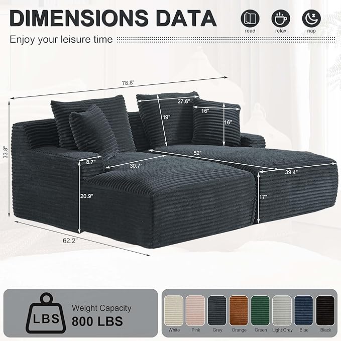 GNIXUU 78.8" Oversized Double Boneless Chaise Lounges Sofa, Plush Corduroy Sectional Cloud Couch Upholstered Memory Foam Loveseat Sleeper Chair Bed with Soft Pillows for Living Room Bedroom(Drak Gray)