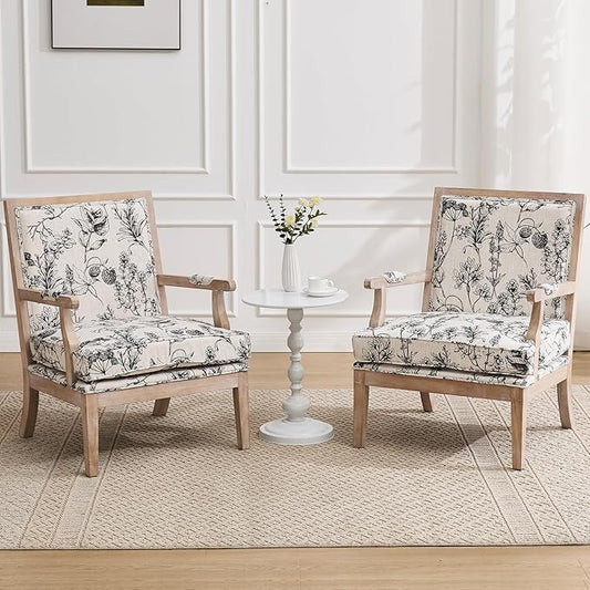 Floral Accent Chair Set of 2 Mid-Century Modern Living Room Chairs Upholstered Linen Lounge Armchair with Solid Wood Frame & Removable Cushion for Bedroom, Balcony, Floral Pattern