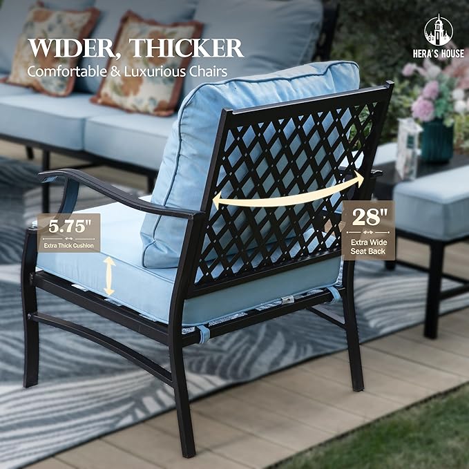 HERA'S HOUSE 4 Piece Patio Furniture Set, 2 x Metal Frame Cushioned Chair, 3-Seat Sofa with Marbling Coffee Table, All Weahter Outdoor Conversation Set for Lawn Garden Backyard, Blue