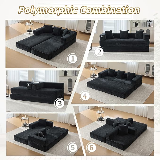 Convertible Floor Sofa Bed with Storage Pocket, Chenille Folding Mattress Sofa with Zipper Closure, Floor Lounge Couch for Living Room, Bedroom, Studio -Chenille Black