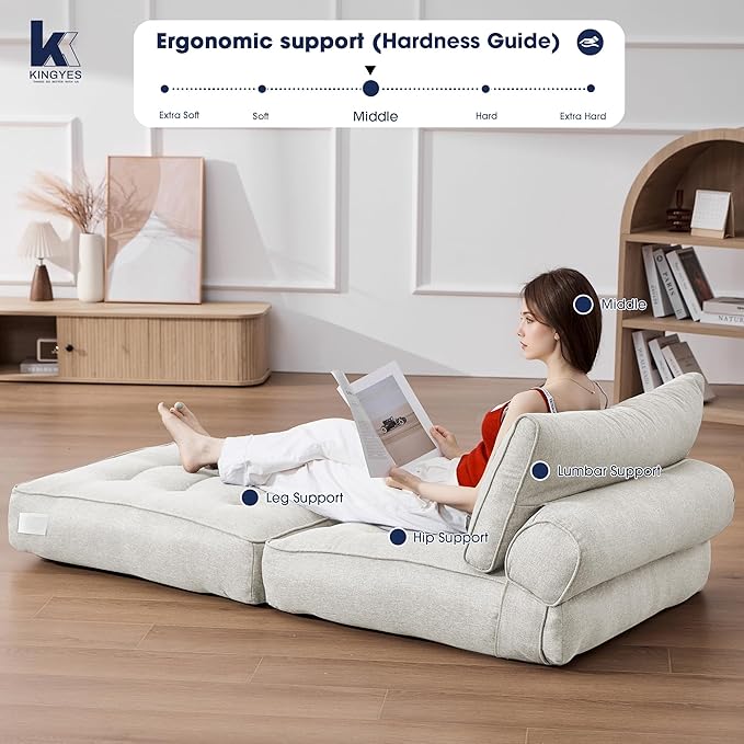 KINGYES Folding Sofa Bed, Convertible Sleeper Chair with Pillow, Foldable Single Futon Chair Floor Sofa Lounge for Living Room, Beige