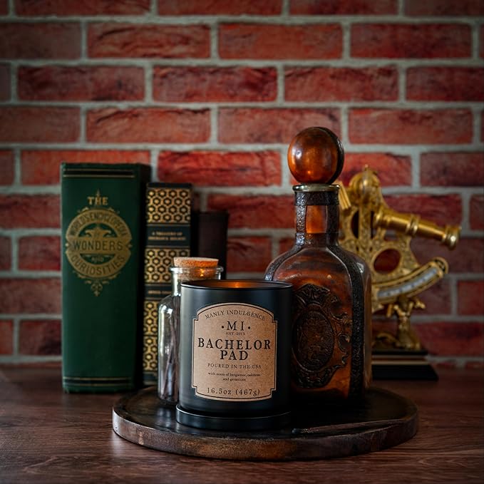 Manly Indulgence Bachelor Pad Scented Candles for Men, 16.5 oz Single Wick, Premium Soy Blend Wax, 60H Burn, Candles for Home Scented – Made in The USA