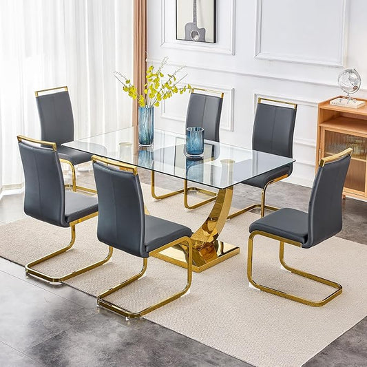 63” Glass Dining Table Set for 6,Gold Dining Room Table Set for 6,Modern Kitchen Table and PU Leather Chairs for 6, Dinner Table with Rectangle Tempered Glass Top and Golden Base