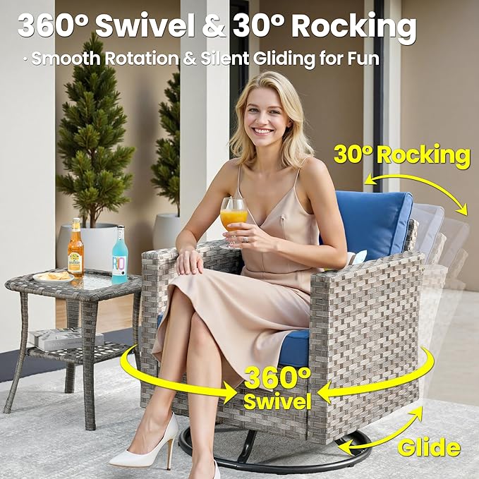 ovios 9 Pieces Patio Furniture Set, Outdoor Wicker Sectional Sofa with 42" Fire Pit Table Swivel Chair, Modern Modular Deep Seat Rattan Couch Conversation Sets, Navy Blue