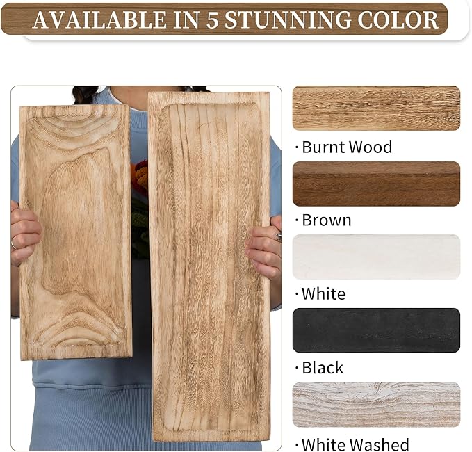 Hanobe Decorative Wood Dough Bowl: Large Long Wooden Centerpiece Table Decorations Natural Candle Holder Tray Decor Rustic Unfinished Centerpieces for Dining Room Kitchen Fruit Bowls, Burnt