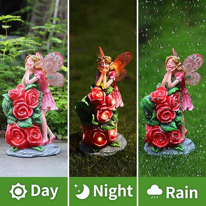 Solar Garden Outdoor Statues Cute Flower Fairy with 7 LED Solar Figurine for Lawn,Patio, Balcony, Yard Unique Housewarming Gift, for Woman, Mom, Grandma
