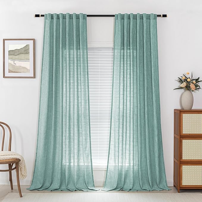 MYSKY HOME Semi Sheer Curtains for Sliding Door 95 Inches Long 2 Panels, Farmhouse Ceiling Curtains Living Room Light Filtering Back Tab Elegant Style Soft Fabric, 50" x 95", Turquoise, 2 Piece