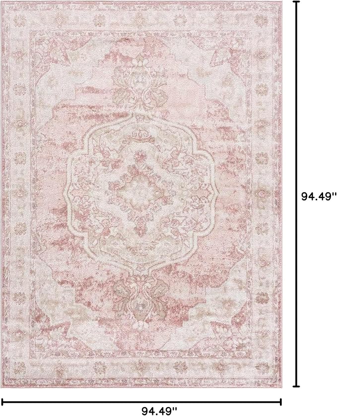 Blush & Light Pink Collection Kandos Bohemian Oriental Medallion Area Rug - Traditional Floral Carpet for Living Room, Bedroom - Blush, Dusty Pink, Cream - 7'10" Square