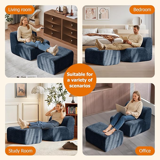 Lazy Sofa Chair, Modern Comfy Raindrop Velvet Fabric Deep Seat Armless Lounge Chair Movable Ottoman Set, 1-Seater Modular Sectional Sleeper Couch for Living Room, Bedroom, Office, Salon, Blue