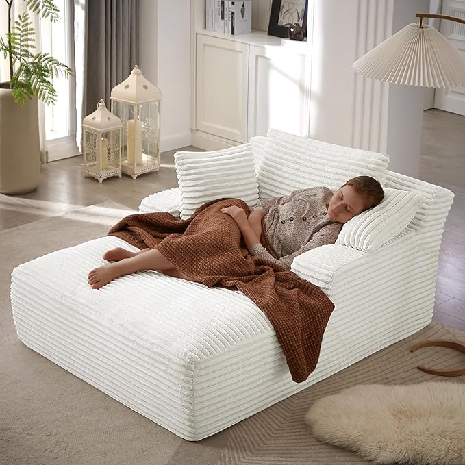 Boneless Couch Sofa Chiar Chaise Lounge Chair Indoor Upholstered Corduroy Couch Cloud Sleeper Sofa Oversized Reading Chair for Living Room No Assembly Required (White, 50" W x 80" D)