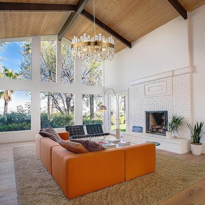 Round Crystal Chandeliers, D19.7 inch 12-Light Brass Gold Chandelier Lighting Fixture, Height Adjustable Pendant Ceiling Light for Living Room Dining Room Bedroom