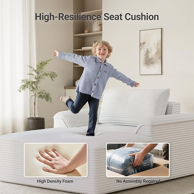 Claiks 68" Oversized Chaise Lounge Chair Indoor, Corduroy Upholstered Boneless Sofa Bed, Deep Seat Sleeper Couch with Pillows and Armrest, Cloud Sofas Reading Chair for Living Room, Beige