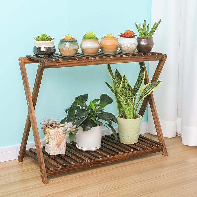 Wooden Plant Stand Indoor 2 Tier Narrow Plant Stand Outdoor Plant Shelf Display Rack Corner Flower Rack Stand for Living Room Garden Patio Balcony (X-Cross Design)