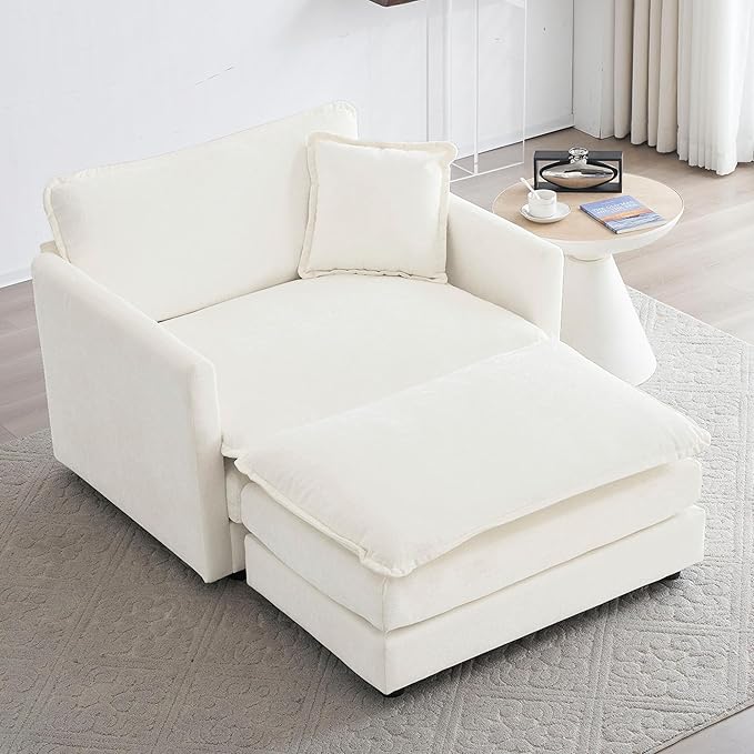 GNIXUU Oversized Accent Chair with Ottoman, Chenille Comfy Single Sofa, Modern Upholstered Lounge Reading Armchair Indoor Cloud Couch with Deep Seat & Pillow for Living Room Bedroom Apartment, White