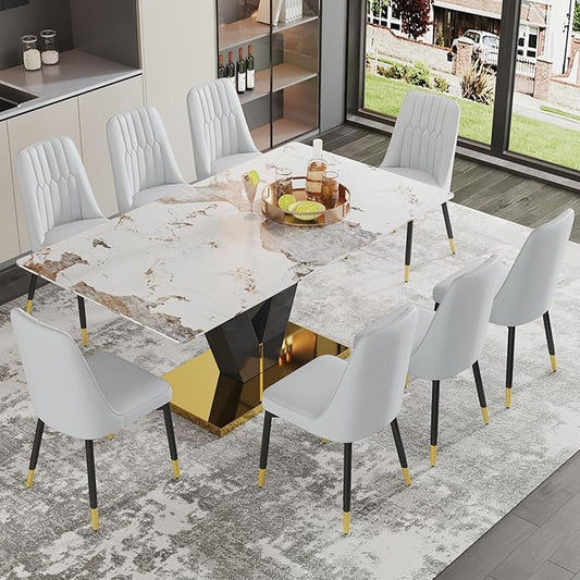 71'' Dining Table Set for 8,Marble Dining Table Set,Modern Kitchen Table with 8 PU Leather Chairs,Gold Dining Room Table Set with V-Shaped Black Glossy Pillars,Ideal for Kitchen Dining Room