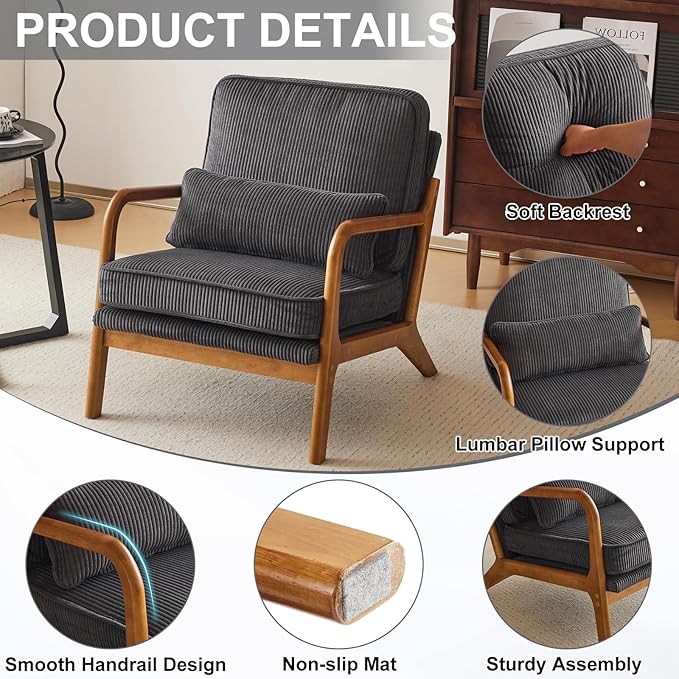 Karl home Mid-Century Modern Accent Chair, Living Room Chairs with Pillow Corduroy Upholstered Lounge Armchair with Solid Wood Frame & Soft Cushion for Bedroom, Reading Room, Dark Gray