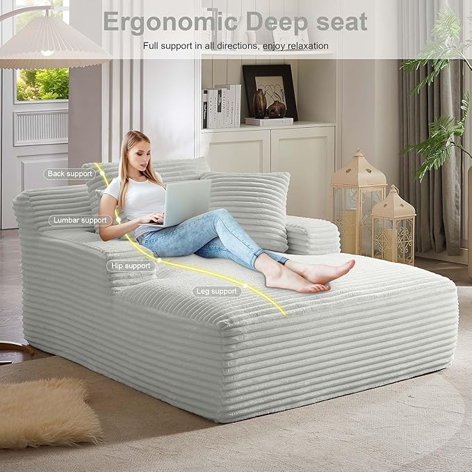 GNIXUU Oversized Chaise Lounge Chair Indoor, Comfy Fluffy Lounge Sofa Upholstered Sleeper Sofa Couch with Throw Pillows and Armrests, Corduroy Plush Cloud Chair for Living Room, Light Gray