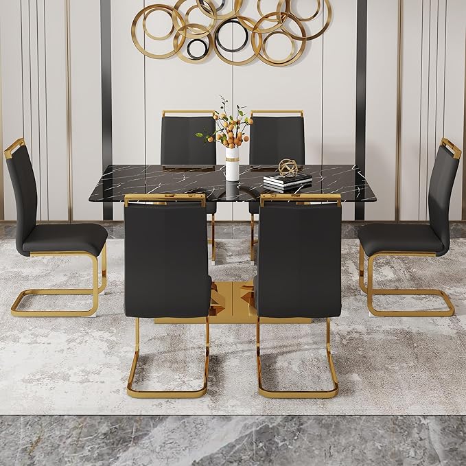 63” Faux Marble Dining Table Set for 6,Black Dining Room Table Set for 6, Rectangle Kitchen Table Set with PU Leather Chairs,Gold Dinner Table Set with Tempered Glass Top and Gold Base