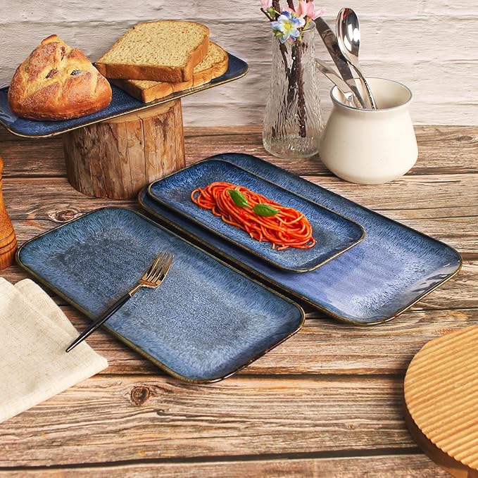 Porcelain Plate Set Large Serving Tray Set of 4, Reusable Serving Platters for Party Food, Cookie, Appetizer, Charcuterie, Snack, Dessert Display,Stackable Kitchen Dish 14.4 INCH