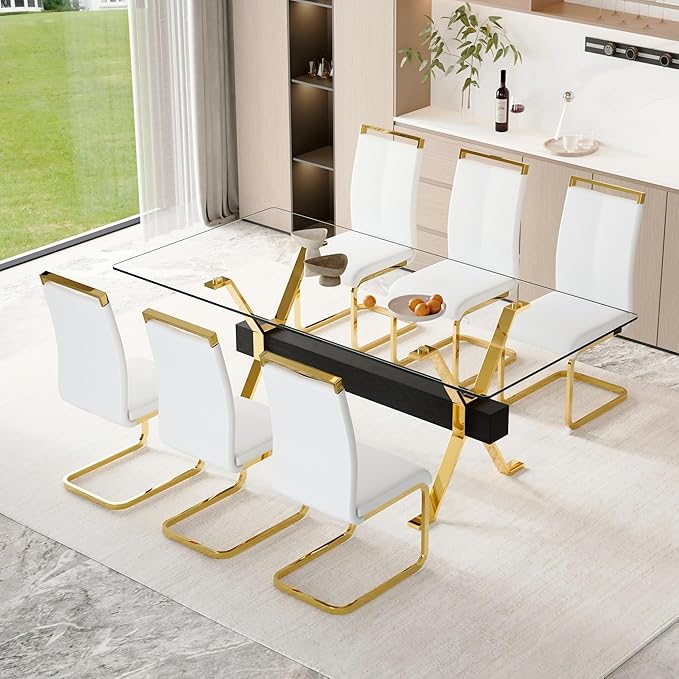 7 Piece Glass Dining Table Set, 79" Modern Dining Table Set for 6, 0.5" Thick Tempered Glass Tabletop with Gold Chrome Metal Legs and Black Crossbar, 6 PU Chairs for Dining Room, Kitchen