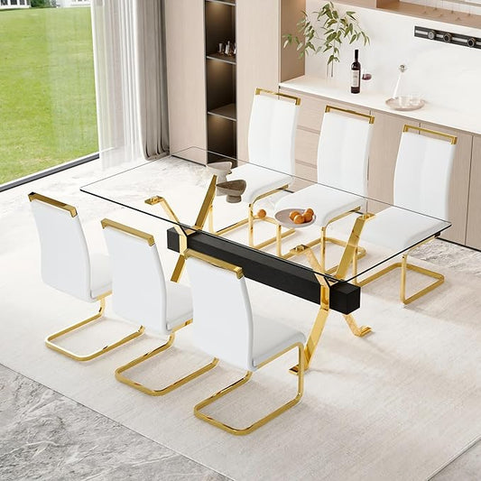 7 Piece Glass Dining Table Set, 79" Modern Dining Table Set for 6, 0.5" Thick Tempered Glass Tabletop with Gold Chrome Metal Legs and Black Crossbar, 6 PU Chairs for Dining Room, Kitchen