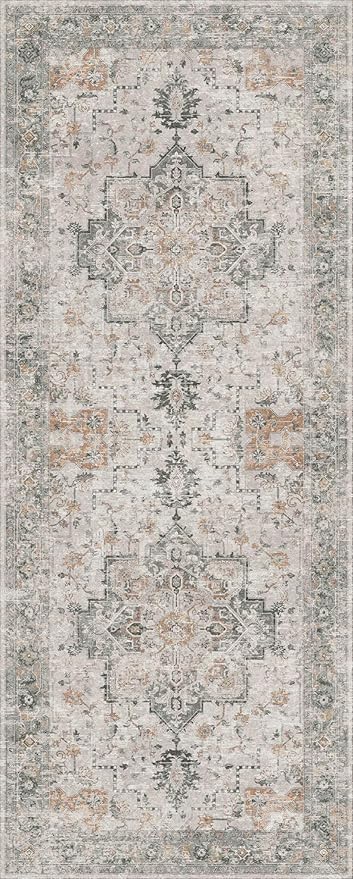 GENIMO Runner Rug 2x10 Machine Washable Non Slip Vintage Hallway Runner Rug, Low Pile Lightweight Rugs for Indoor Entryway, Hallway, Kitchen and Corridor, Light Taupe Brown